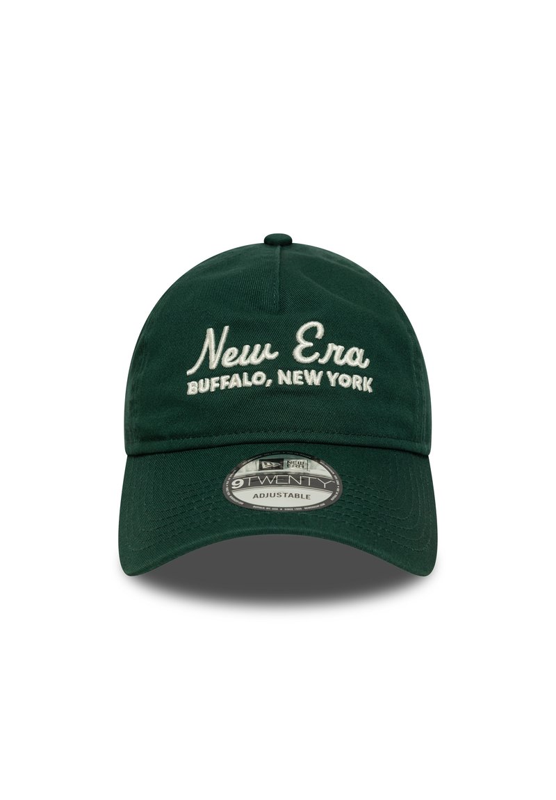 Green adjustable baseball cap featuring the embroidered text "New Era Buffalo, New York" in cream. Soft fabric with a curved brim.