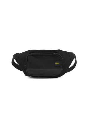 Marsupio in tessuto nero con tasca frontale con zip, tracolla regolabile e piccolo patch giallo con logo Blauer U.S.A. sulla tasca.
