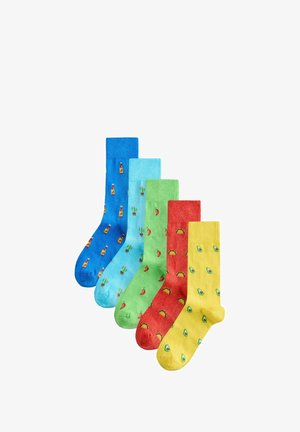Pět barevných ponožek s motivy: modrá s pálivou omáčkou, světle modrá s kaktusy, zelená s chilli papričkami, červená s tacos, žlutá s avokády.