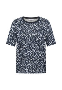 Chemise bleu marine à manches courtes avec un motif floral abstrait blanc et bleu clair et un col rond.