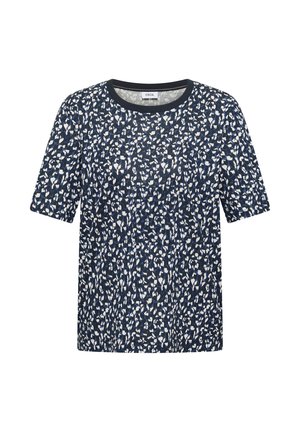Chemise bleu marine à manches courtes avec un motif floral abstrait blanc et bleu clair et un col rond.