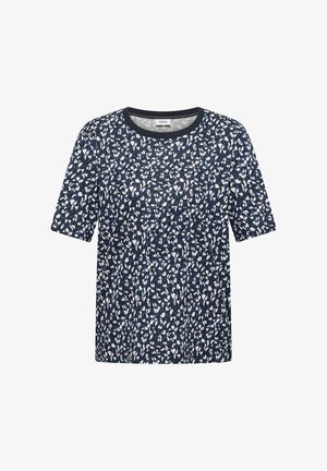 Kort mouw marineblauw shirt met een abstract bloemenpatroon in wit en lichtblauw en een ronde halslijn.
