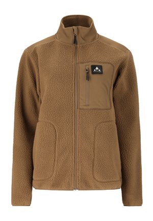 Brun fleecejakke med fuld lynlås, opretstående krave, to nederste lommer, lynlåslomme på brystet og Whistler logo-patch på brystet.