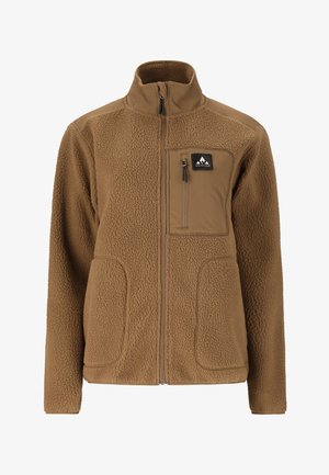 Brun fleecejakke med fuld lynlås, opretstående krave, to nederste lommer, lynlåslomme på brystet og Whistler logo-patch på brystet.