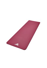 Yogamatte, strukturierte Oberfläche, tiefrosa Farbe, rechteckige Form, mit einem weißen dreieckigen Logo in der unteren Ecke.