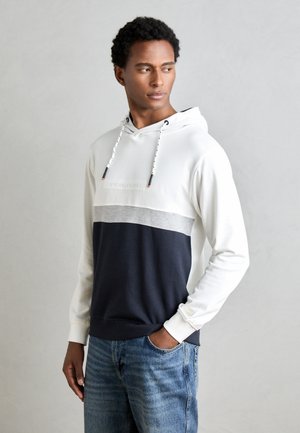 Sudadera con capucha que presenta un diseño multicolor: paneles en blanco, gris y azul marino; material de algodón; cordones ajustables; puños de canalé.