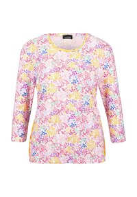 Kleurvol langemouwen shirt met een ronde hals, voorzien van een patroon van roze, geel, paars en blauwe bladvormige vormen op een lichte achtergrond.