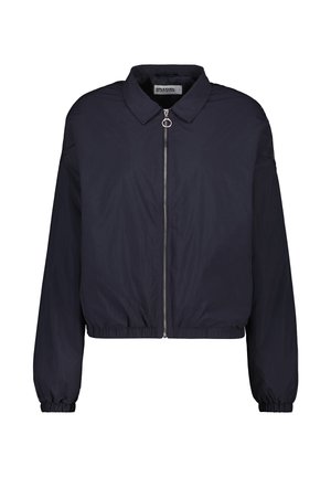Veste bomber légère bleu marine avec col, fermeture éclair complète et poignets élastiques. Texture lisse et taille cintrée.