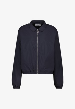 Navy blue lightweight bomber jacket with a collar, full zipper, and elastic cuffs. Smooth texture and cinched waist detail.