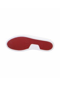 Red rubber shoe sole with textured grip pattern, white midsole, and embossed text. Smooth edges with a rounded shape and lightweight appearance.