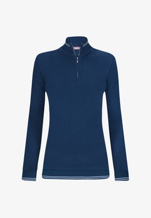 Tumesinine kapuutsiga jakk pikkade varrukatega, soonikkoes mansettide ja äärega, valgete detailidega krae ja tõmbluku ümber lisaks kaunistuseks.