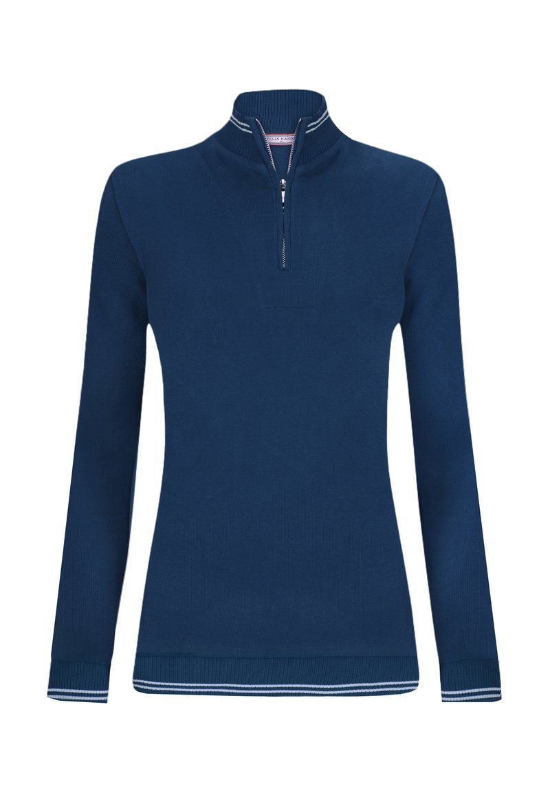 Marineblauer Pullover mit Reißverschluss, langen Ärmeln, gerippten Bündchen und Saum, mit weißen Akzenten am Kragen und Reißverschluss für zusätzliche Details.