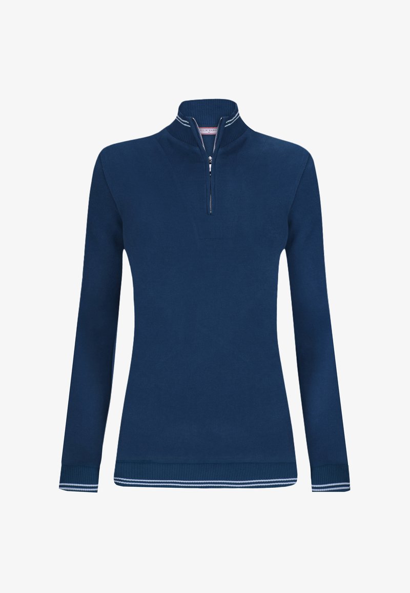 Marineblauer Pullover mit Reißverschluss, langen Ärmeln, gerippten Bündchen und Saum, mit weißen Akzenten am Kragen und Reißverschluss für zusätzliche Details.