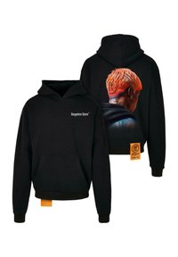 Felpa con cappuccio nera in cotone. Presenta una tasca frontale e una grafica sulla schiena di una persona con i capelli arancioni. Include il logo del marchio.