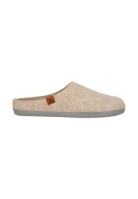 Ljust beige ulltofflor med mjuk textur och grå gummisula; har en liten brun logotag på sidan.