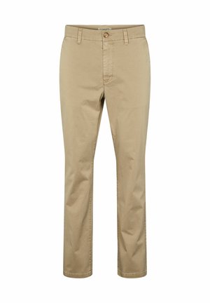 Bézs egyenes szárú nadrág gombos és cipzáras rögzítéssel, derékpánttal és oldalzsebekkel, fehér háttéren bemutatva.