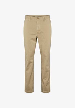 Beežid sirge lõikega püksid, millel on nupp ja luku sulgur, vööaasad ja küljetaskud, valgel taustal eksponeeritud.