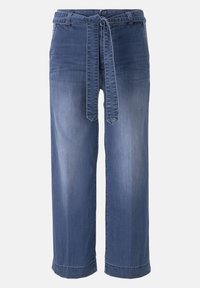 Denimculotter i medelblått med en bred bendesign, som har en knytbar midja, fickor och en något urblekt textur.
