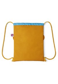 Drawstring bag in mustard yellow with a blue top border. Features textured fabric, braided yellow drawstrings, and a side label.