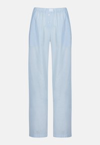 Lichtblauwe gestreepte broek van zachte stof, met een ontspannen pasvorm, elastische tailleband en twee knopen aan de voorkant.