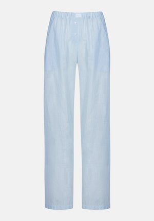 Lichtblauwe gestreepte broek van zachte stof, met een ontspannen pasvorm, elastische tailleband en twee knopen aan de voorkant.