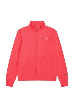 Rote Zip-Jacke aus glattem Stoff mit steilem Kragen, verfügt über zwei Fronttaschen und ein kleines Logo auf der Brust und dem Ärmel.