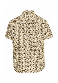 Kurzarmhemd aus einem hellbraunen Stoff mit einem geometrischen Muster aus schwarzen, weißen und braunen Formen; ausgestattet mit einem Button-Down-Kragen.