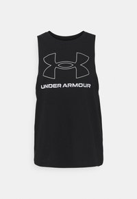 Svart ärmlös idrottströja i slät material med en stor vit Under Armour-logotyp över bröstet och rundad halsringning.