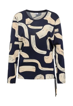 Granatowa bluzka z długim rękawem z abstrakcyjnym beżowym wzorem pociągnięć pędzla, okrągłym dekoltem i detalem wiązania z boku. Miękka tkanina o gładkiej fakturze.
