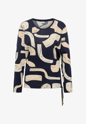 Maglietta a maniche lunghe blu navy con motivi astratti beige a pennellate, scollo rotondo e dettaglio a fiocco laterale. Tessuto morbido con texture liscia.