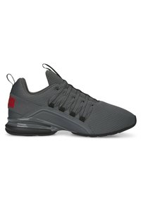 Chaussures de sport grises avec une tige en mesh, un système de laçage, une semelle en caoutchouc et un col rembourré ; elles présentent un logo rouge sur le talon.