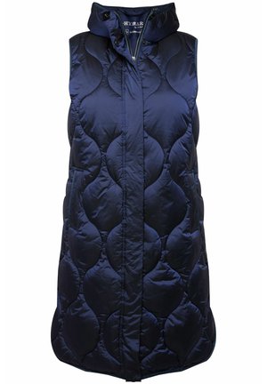 Gilet trapuntato blu navy con cappuccio, caratterizzato da cuciture a fantasia tonde, una zip centrale e tasche laterali, realizzato in un materiale liscio e resistente all'acqua.