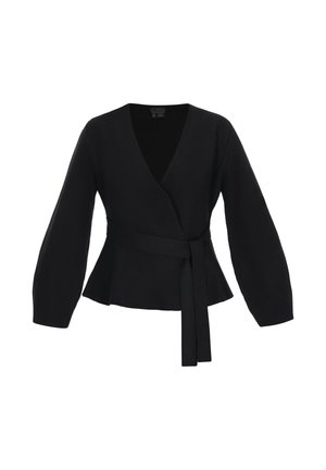 Zwarte blouse in wikkelstijl met lange mouwen, een diepe V-hals, een getailleerde taille en een peplumzoom. Gemaakt van een zachte, gestructureerde stof met een bijpassende riem.