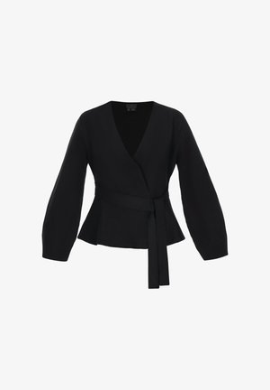 Fekete, csomós stílusú blúz hosszú ujjal, mély V-nyakkivágással, feszes derékkal és peplumos aljjal. Puha, textúrált anyagból készült, hozzá illő övvel.