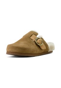 Brown suede slip-on clog with a soft fur lining, featuring a metal buckle accent and a low, textured rubber sole.