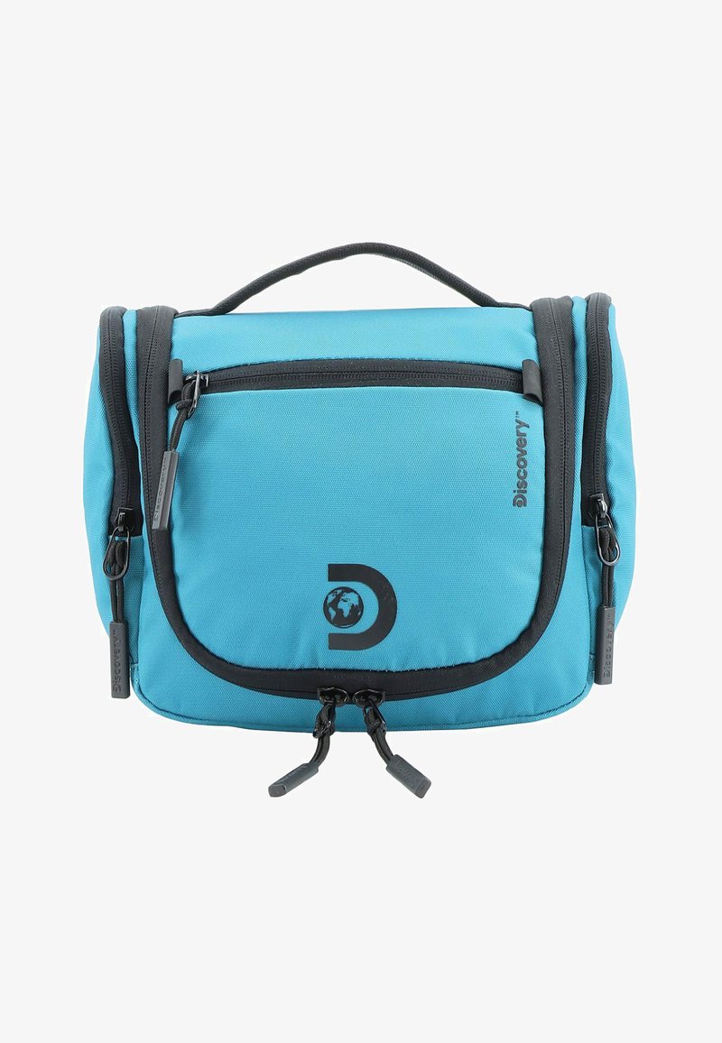 Blue nylon shoulder bag with black accents, featuring a front zipper pocket, a top handle, and a circular logo design.