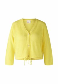 Gelber gestrickter Cardigan mit V-Ausschnitt, Dreiviertelärmeln, Knopfverschluss vorne und verstellbarem Kordelzug am Saum.