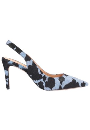 Szpilki z odkrytą piętą i szpiczastym noskiem wykonane z tkaniny o fakturze z niebiesko-czarnym wzorem w panterkę. Szpilka dodaje elegancji projektowi.