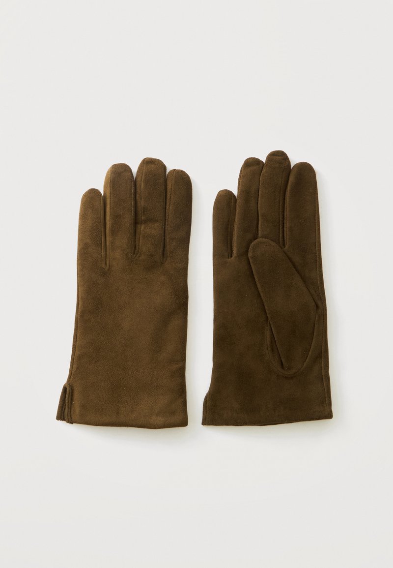 Paire de gants en daim marron avec détail de couture, présentés à plat sur un fond clair, une paume vers le haut et une paume vers le bas.