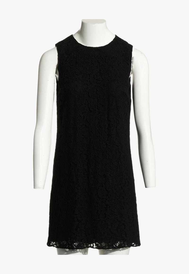 Robe sans manches en dentelle noire avec un col rond haut, présentée sur un buste de mannequin blanc.