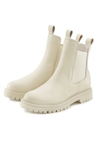 Krem kožne Chelsea čizme s elastičnim bočnim panelima i nastavcima za povlačenje. Struktuirani oblik s teksturiranim gumenim potplatom koji ima uzorak za prianjanje.