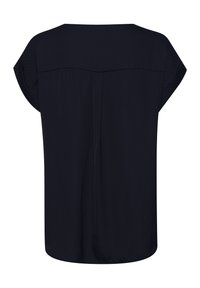 Blusa blu navy con vestibilità rilassata, caratterizzata da maniche corte, un delicato motivo a pois e un dettaglio con cucitura sul retro. Tessuto morbido e leggero.