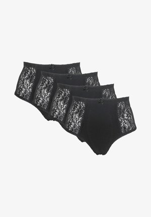 Sæt af fire sorte blonde- og bomuldsunderbukser, der har intrikate blondepaneler, sløjfeaccenter, høj talje design og bløde elastiske kanter.