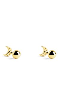 Ohrringe mit goldfarbener Beschichtung in Form eines Spheres und einem Halbmond-Designelement, mit einer glatten, polierten Oberfläche und minimaler Detailausarbeitung.