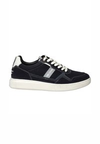 Navy blue suede sneakers with white rubber sole, featuring a textured design, contrasting accents, and white laces.