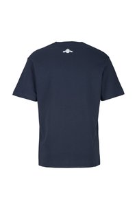 Navyblaue Baumwoll-T-Shirt mit rundem Ausschnitt, kurzen Ärmeln und einem kleinen weißen Logodetail auf dem oberen Rücken.