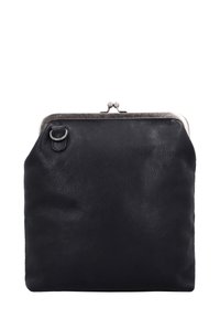Black leather clutch with a textured surface, metal clasp, and a small ring detail on the side for attachment.