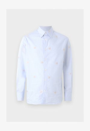 Šviesiai mėlyna ilgomis rankovėmis palaidinė su sagomis, aštriu apykakliu ir mažais pasklidusiais persikų gėlių siuvinėjimais.