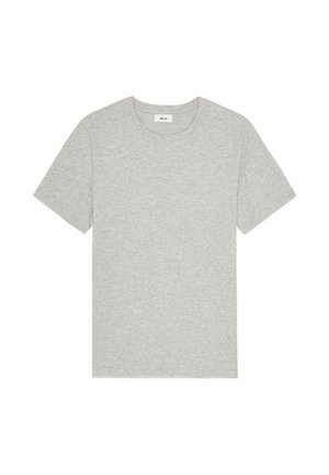 Jasnoszary t-shirt z krótkim rękawem i okrągłym dekoltem, ułożony na płasko, z małą białą metką wewnątrz kołnierza.