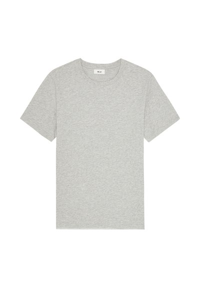 T-shirt gris clair à manches courtes et col rond, posé à plat avec une petite étiquette blanche à l'intérieur du col.
